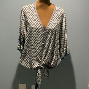 Max Studio White and Blue Tie Front Blouse